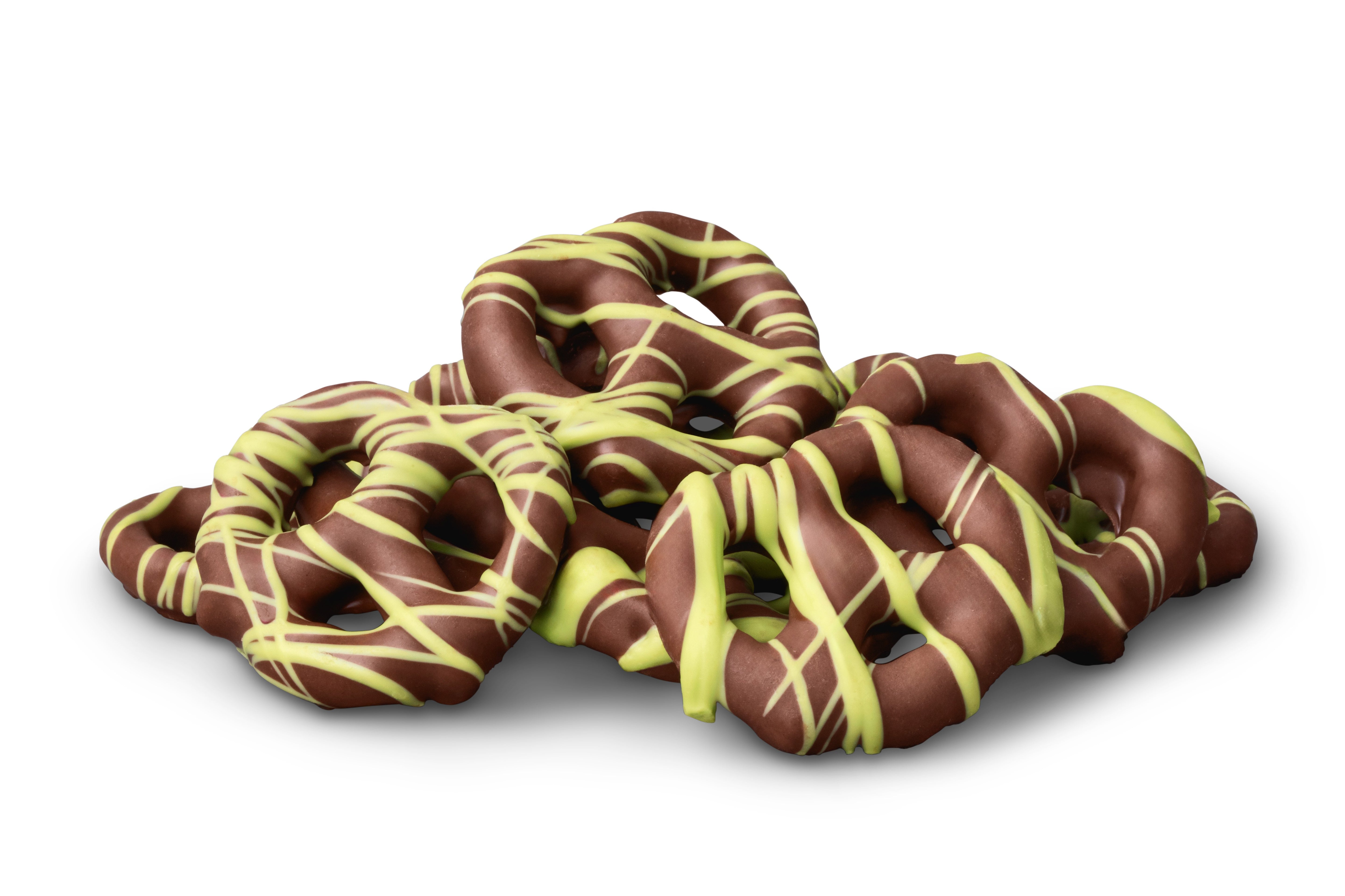 Milk Chocolatey Mini Pretzels with Pistachio Flavored Drizzle