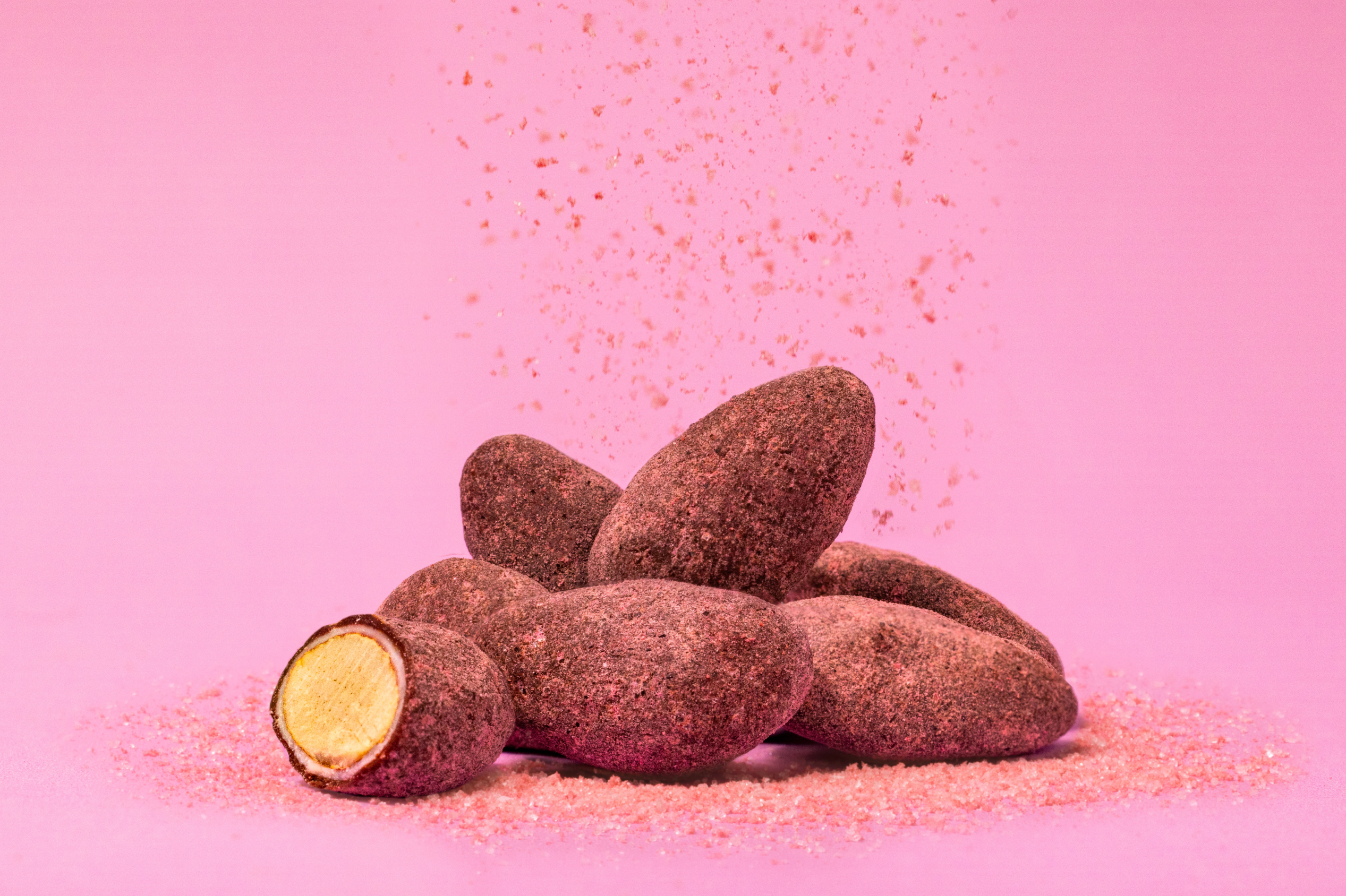Raspberry Dusted Dark Chocolate Covered Almonds