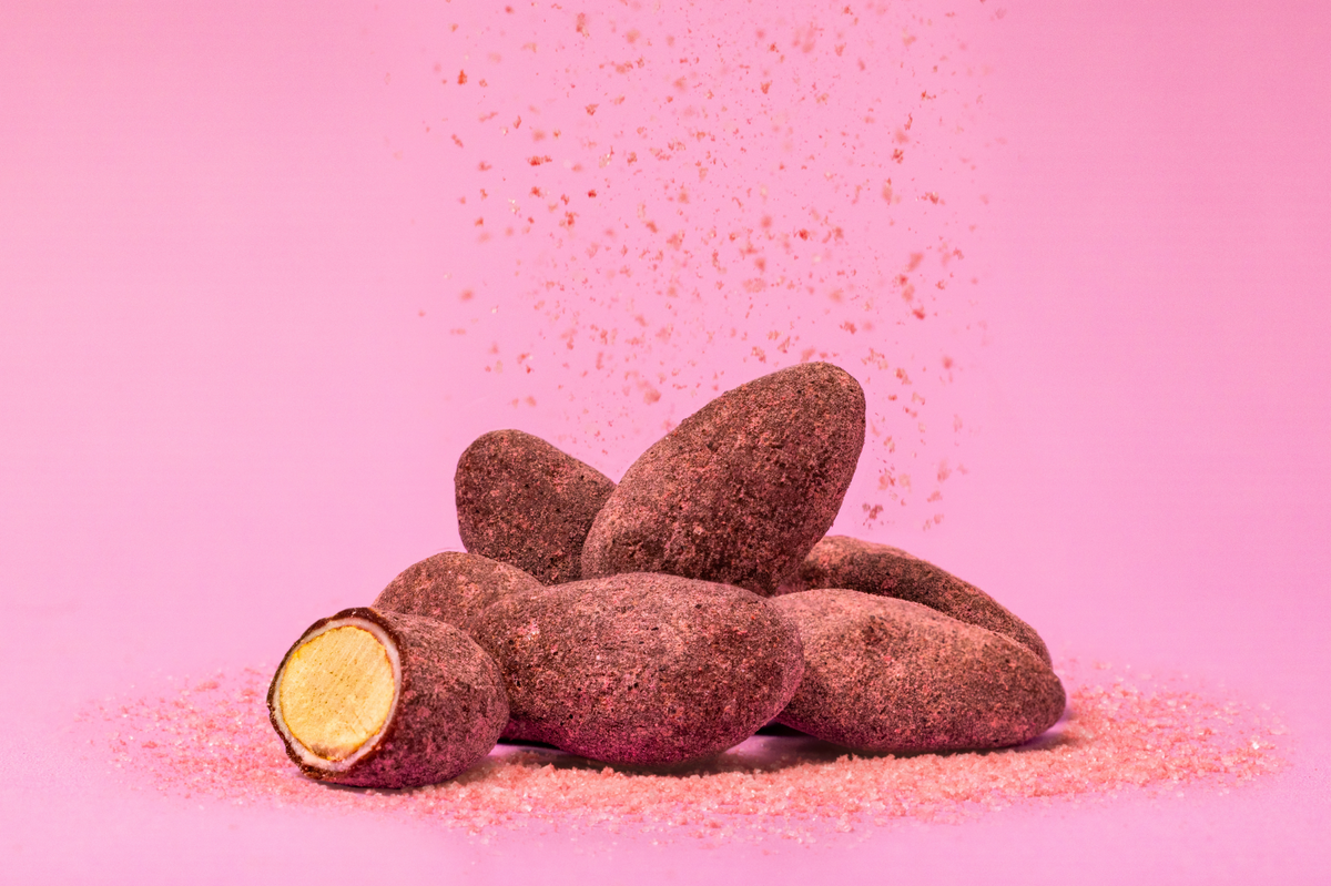 Raspberry Dusted Dark Chocolate Covered Almonds