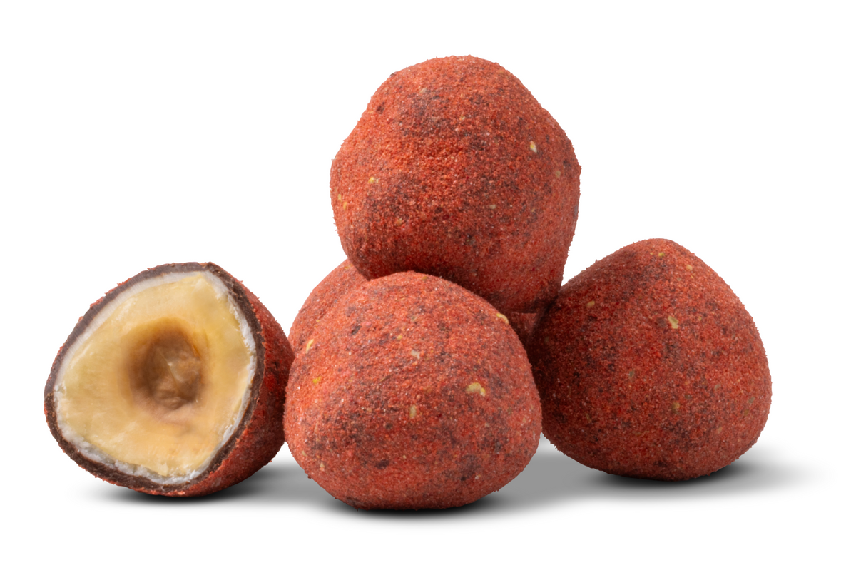 Strawberry Dusted Dark Chocolate Covered Hazelnuts