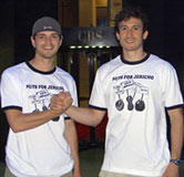Brothers in arms.  <i>Jericho</i> fan Dylan and our Chief Nut Jeffrey in front of CBS sporting nice shirts.