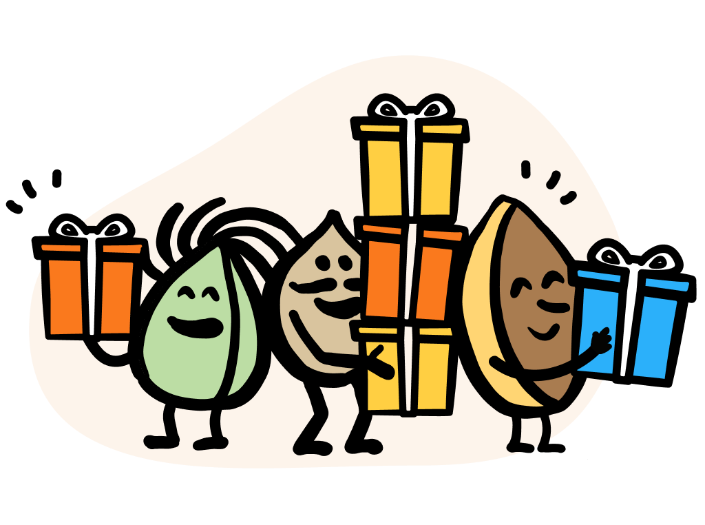 a bunch of nut characters holding gifts