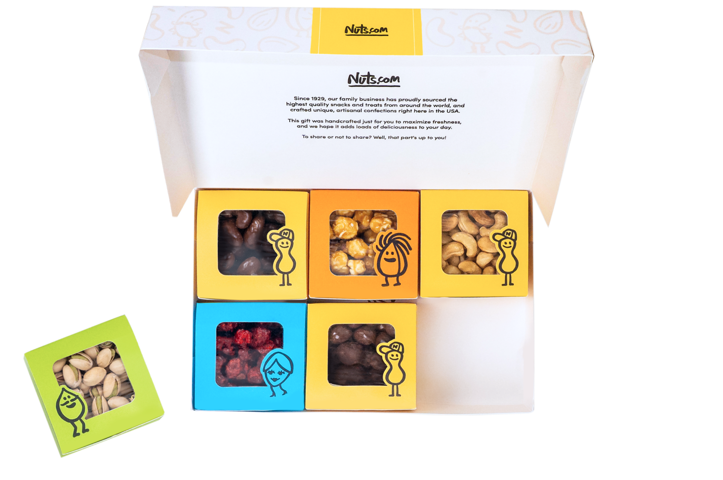 Customizable box: a big white box, with six colorful mini boxes filled with nuts.